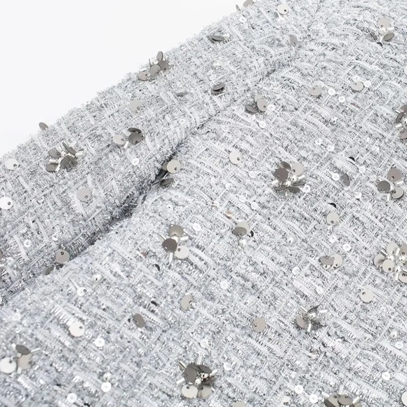 NEW SILVER METALLIC TWEED BLAZER XS  WITH SEQUINS (LOOKS LIKE ZARA) - Picture 6 of 11